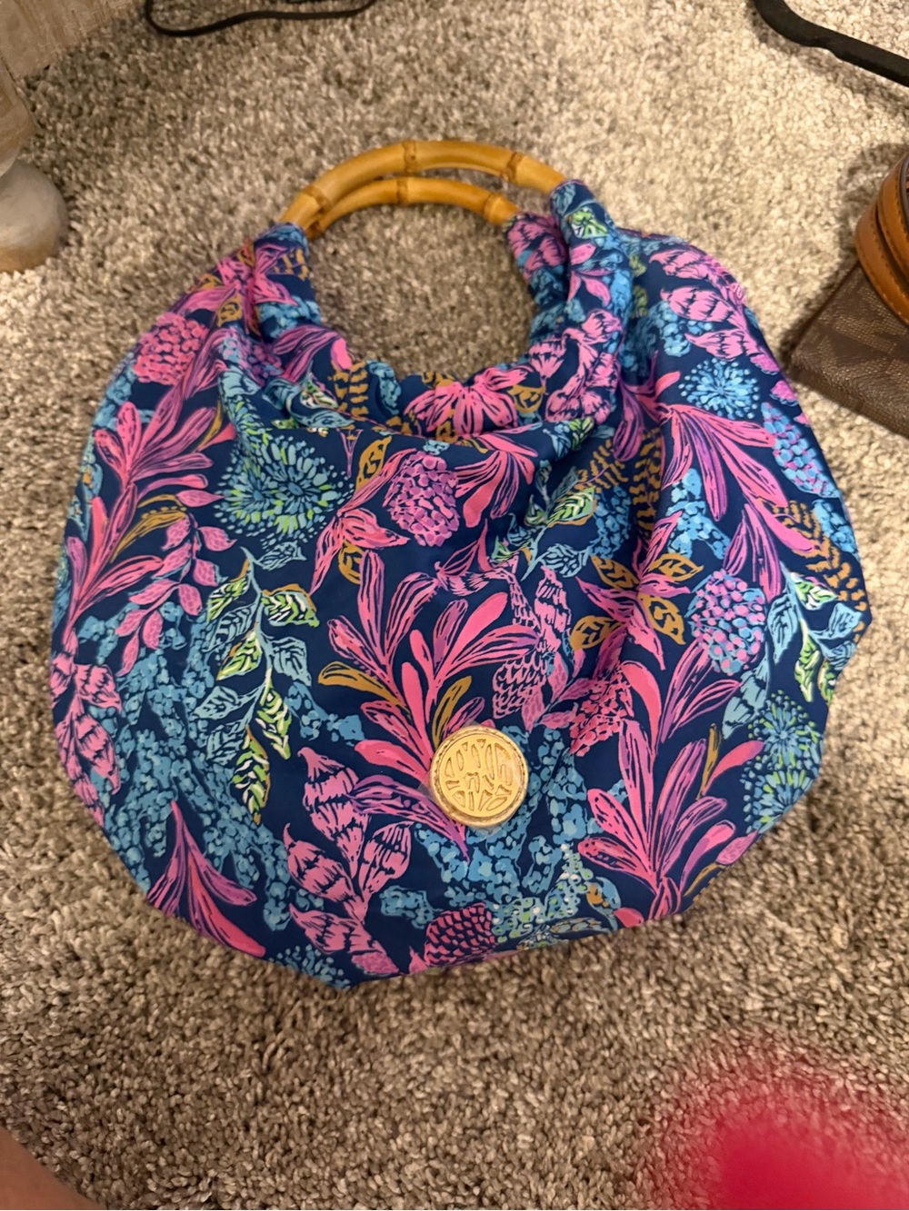 Lilly Pulitzer Navy Floral Bamboo-Handle Hobo